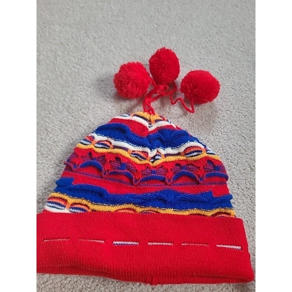 Vintage‎ Ski Hat  3D Knit Red Multicolor Outerwear Snow Beanie Hat Made In Korea